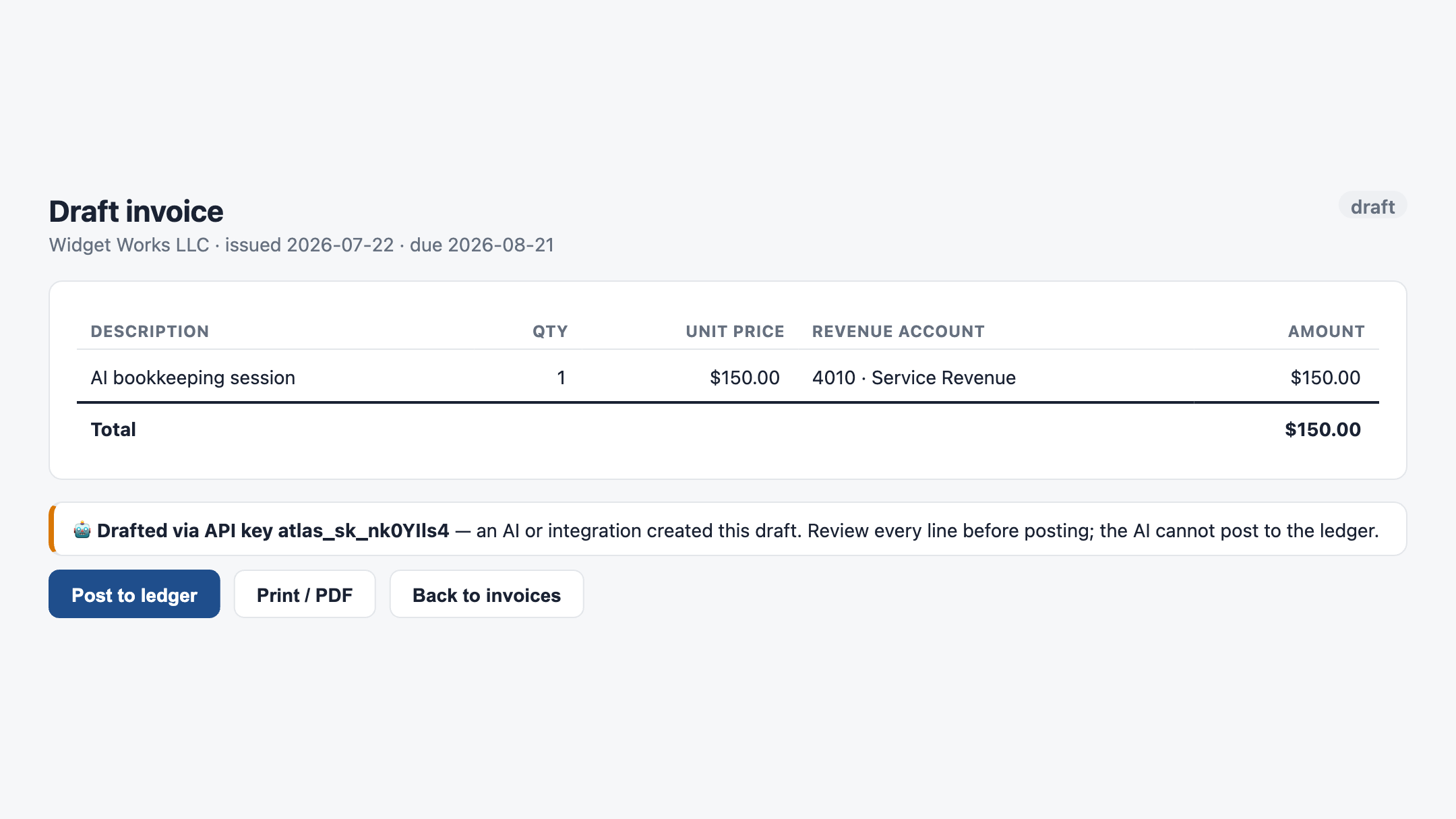 A draft invoice badged as drafted via API key, waiting for human review before posting